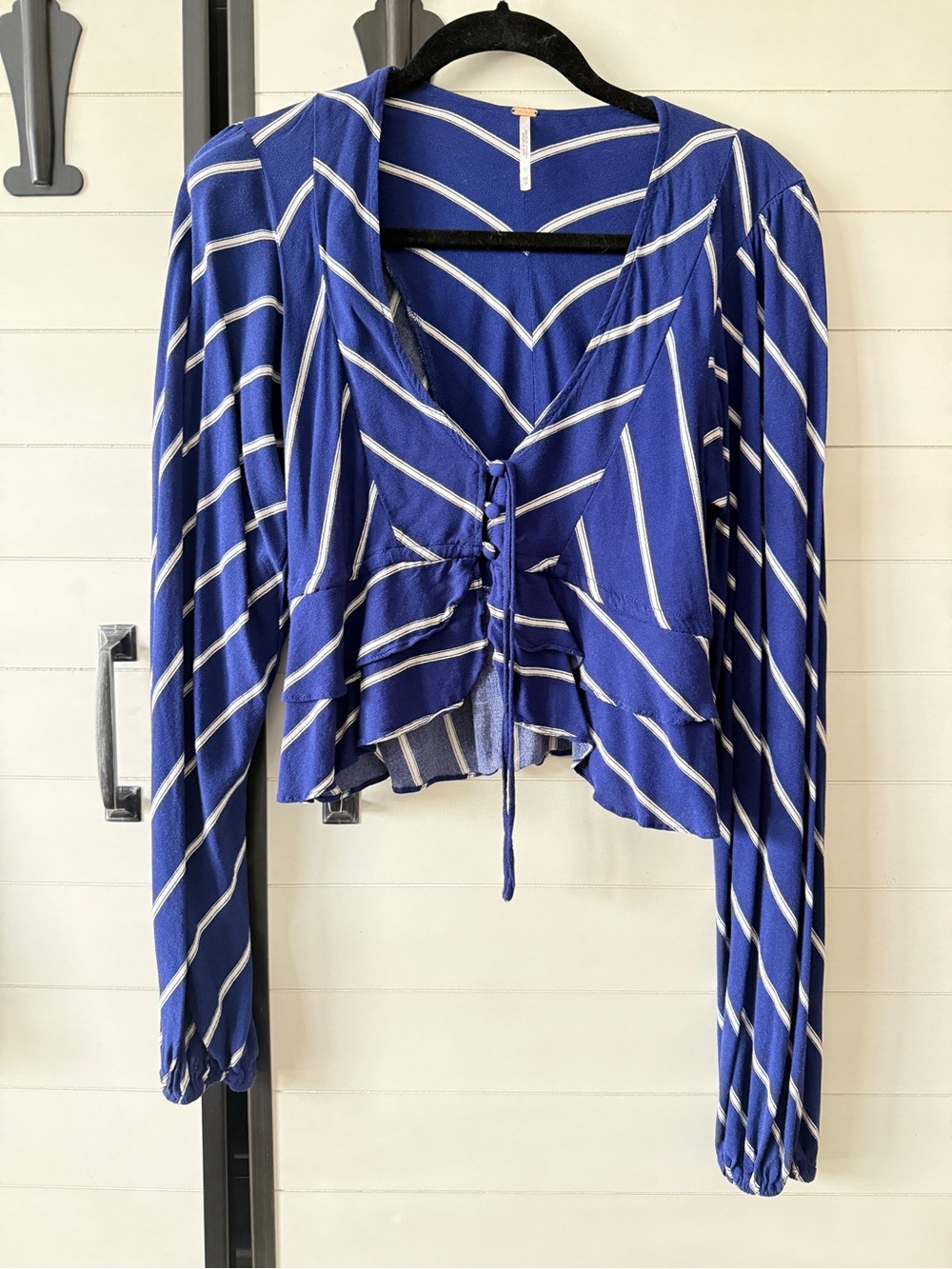 Free People Blue and White Striped Tie-Front Long Sleeve Top